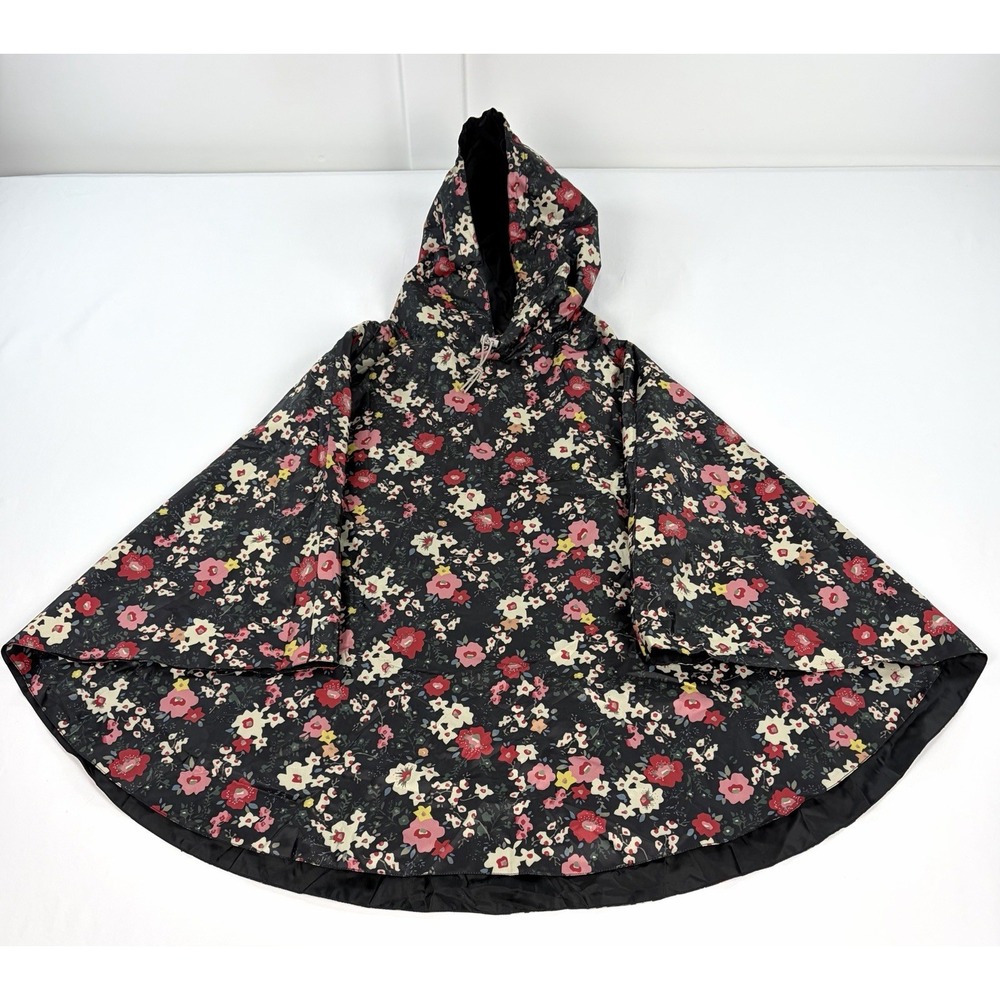 Tees2urdoor Floral Hooded Rain Poncho Cape Jacket Black Pink T2D Waterproof OS